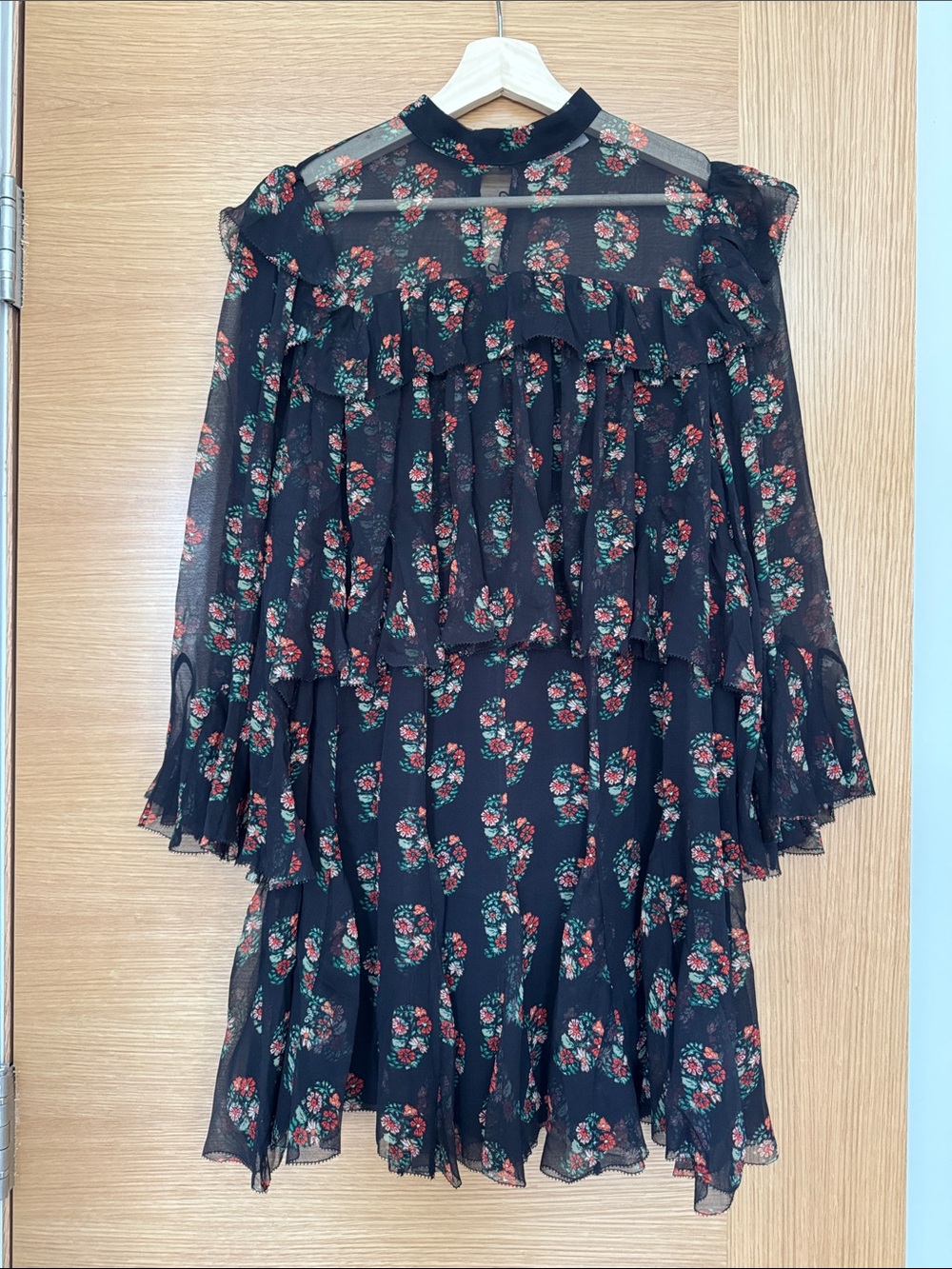 Doen Black Floral Ruffle Tiered Mini Dress